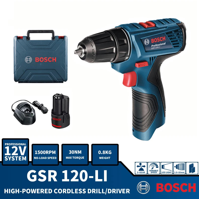 Bosch GSR 120-Li drill in packaging, blue black red colors