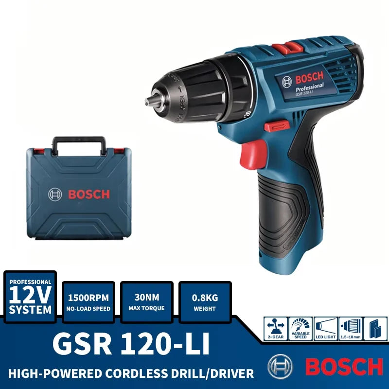 Bosch GSR 120-Li drill in packaging with carrying case and battery included