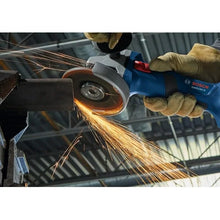 Blue grinding tool detail with sparks flying during metal grinding