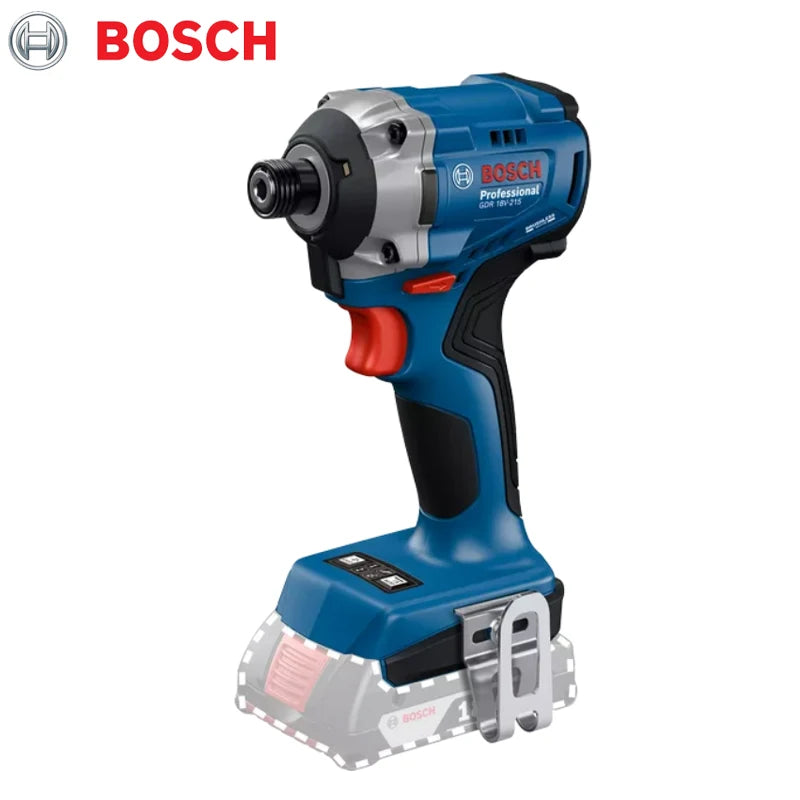 Bosch GDR 18V-215 front view, Bosch branding with 1/4 hex chuck