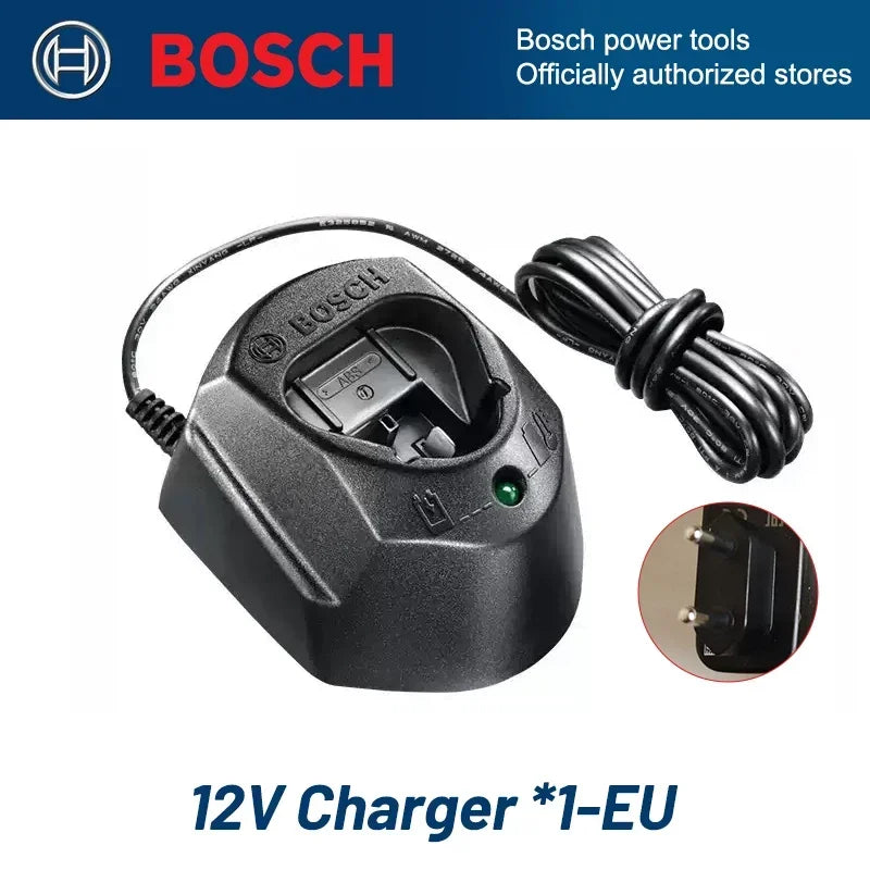 Bosch 12V charger dock, compact black design with power cord