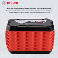 Bosch 18V battery front view, compact red and black design