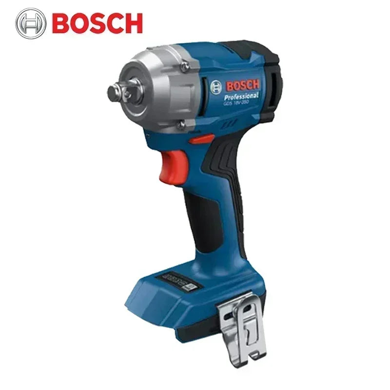 Bosch GDS18V-35 front view, metal chuck and branding in blue/black