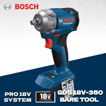 Bosch GDS18V-35 front view, blue/black impact wrench with LED light