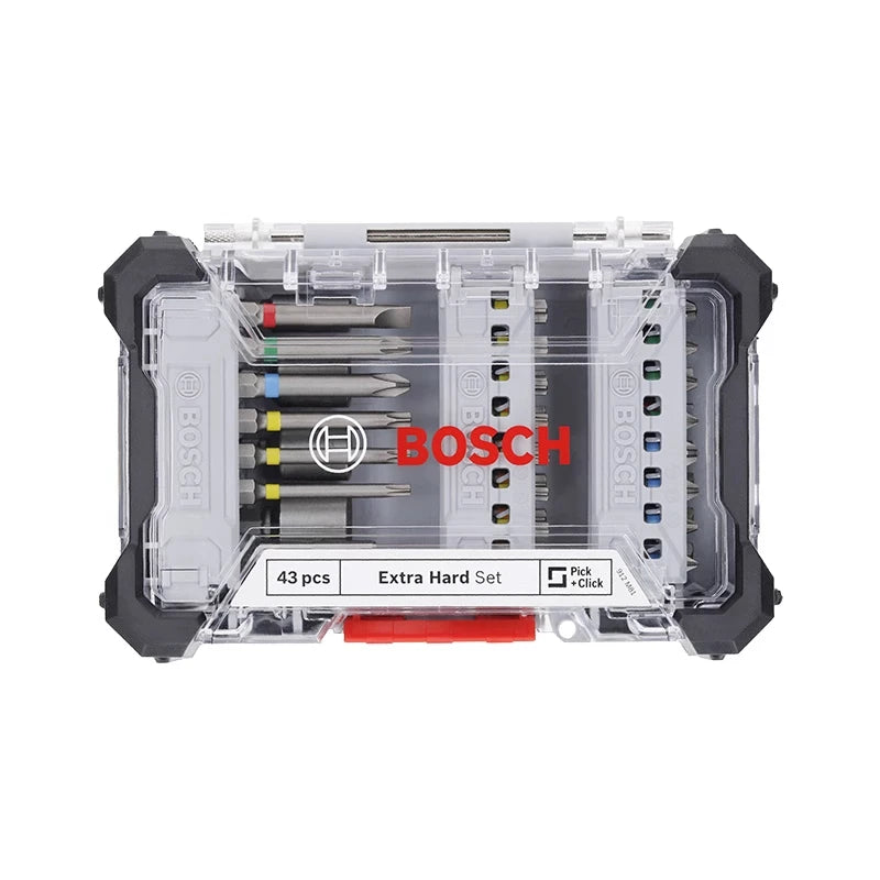 Bosch screwdriver bits close-up in plastic case, various sizes, gray and red
