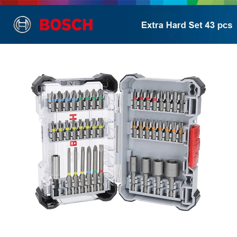 Bosch 43-piece screwdriver tip set in hard case, black and gray packaging