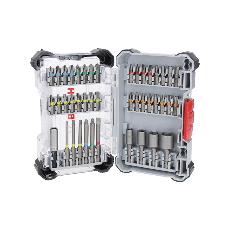 Bosch 43-piece tip set packaging layout, black and gray case