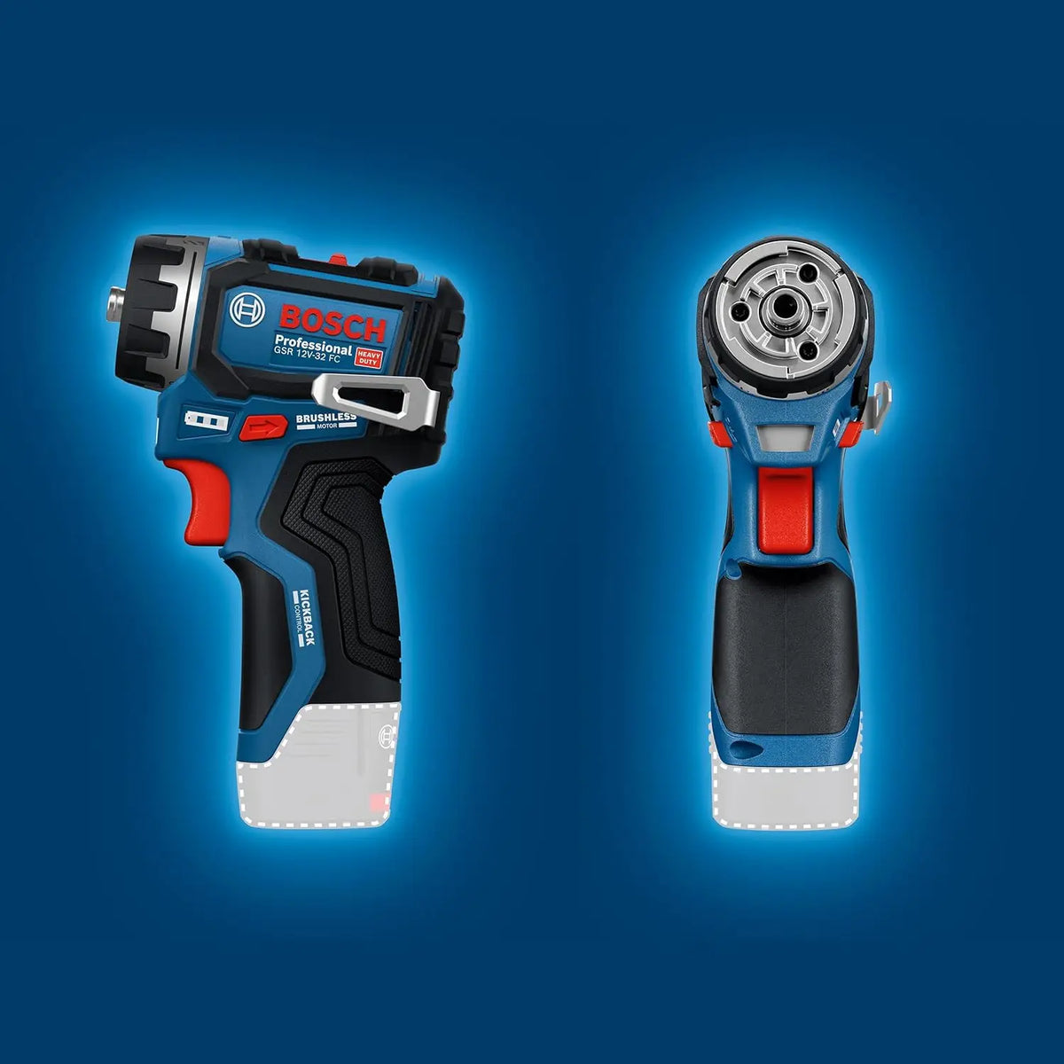 Bosch drill detail close-up with LED light, blue and black rotating head