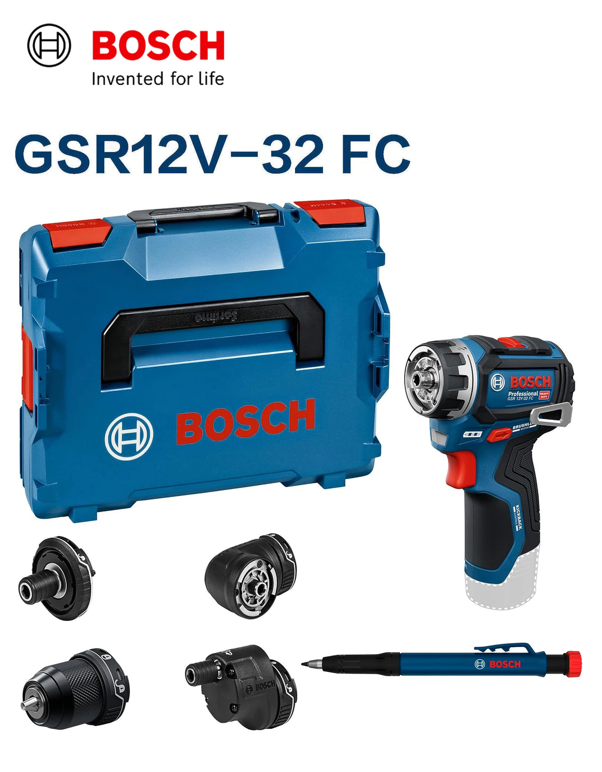 Bosch drill kit packaging, blue and black, multiple attachments in case