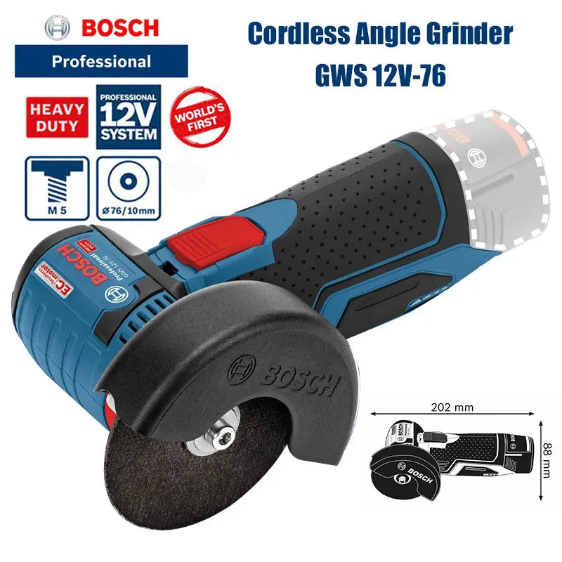 Bosch GWS 12V-76 compact detail close-up of blue cordless angle grinder