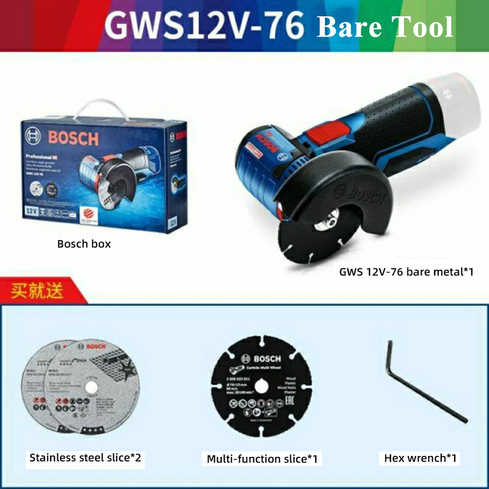 Bosch GWS 12V-76 tool kit packaging with discs and handle shown