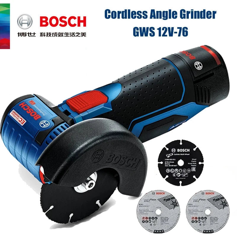 Bosch GWS 12V-76 detail close-up of compact blue cordless angle grinder