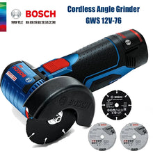 Bosch GWS 12V-76 detail close-up of compact blue cordless angle grinder