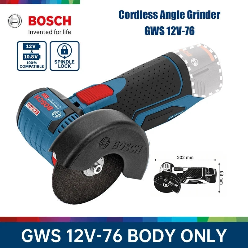 Bosch GWS 12V-76 front view of cordless angle grinder with safety guard
