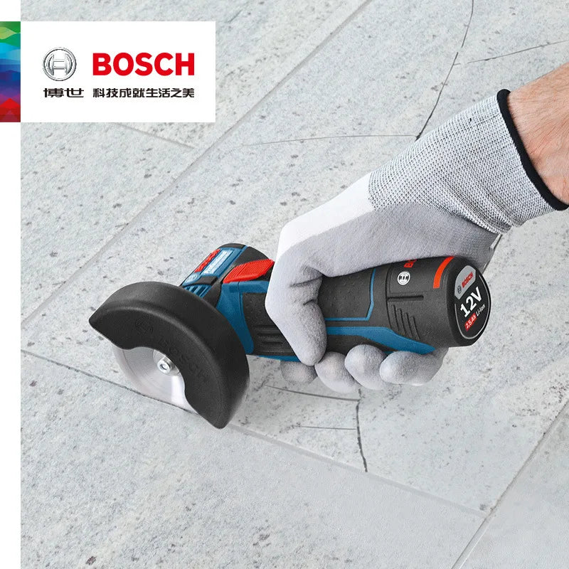 Bosch GWS 12V-76 lifestyle shot of blue cordless angle grinder in use