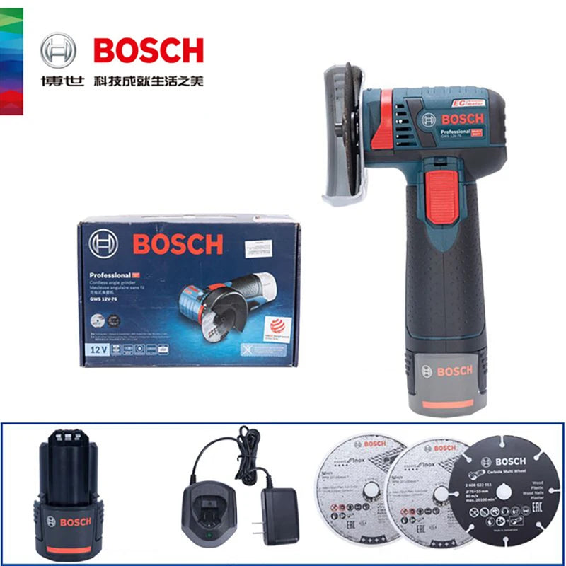 Bosch GWS 12V-76 packaging box with accessories shown on solid background