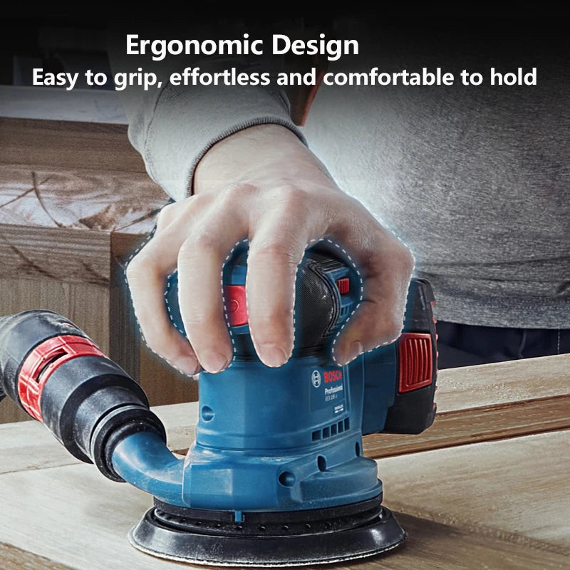 Bosch GEX185-LI front view in blue and black, in-use cordless sander