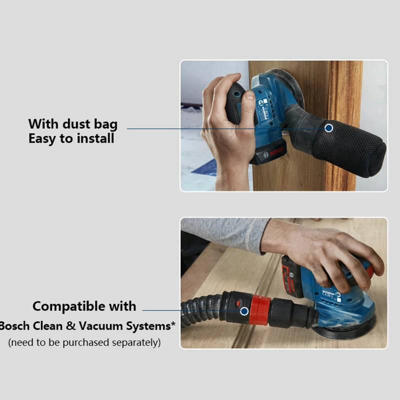 Bosch GEX185-LI handle detail with ergonomic grip in black and blue
