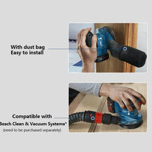 Bosch GEX185-LI handle detail with ergonomic grip in black and blue