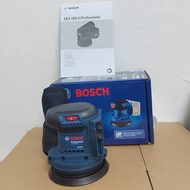 Bosch GEX185-LI packaging shot with branding in blue, black, and white