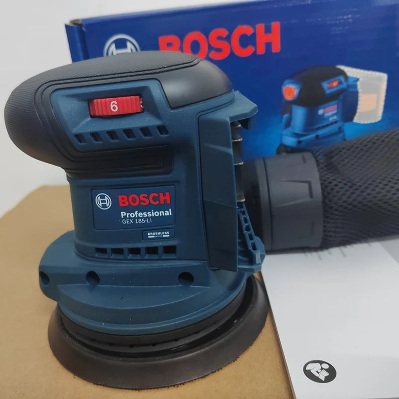 Bosch GEX185-LI side view in blue and black, ergonomic cordless sander