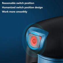 Bosch GEX185-LI close-up switch detail in blue and red, ergonomic grip