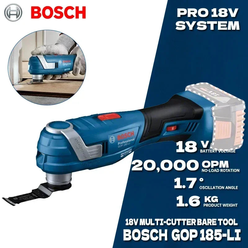 Bosch cordless oscillating tool front view in blue and black with LED