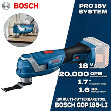 Bosch cordless oscillating tool front view in blue and black with LED