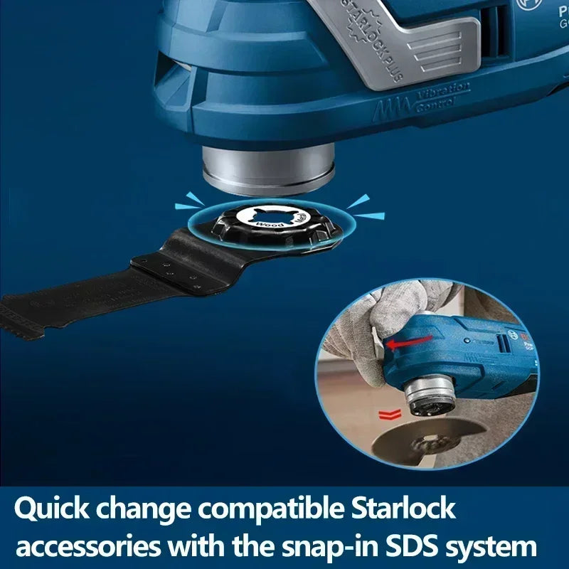 Bosch oscillating tool accessory detail close-up in blue and silver