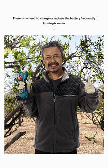 Bosch 12V Pro Pruner lifestyle shot, man holding cordless secateurs outdoors