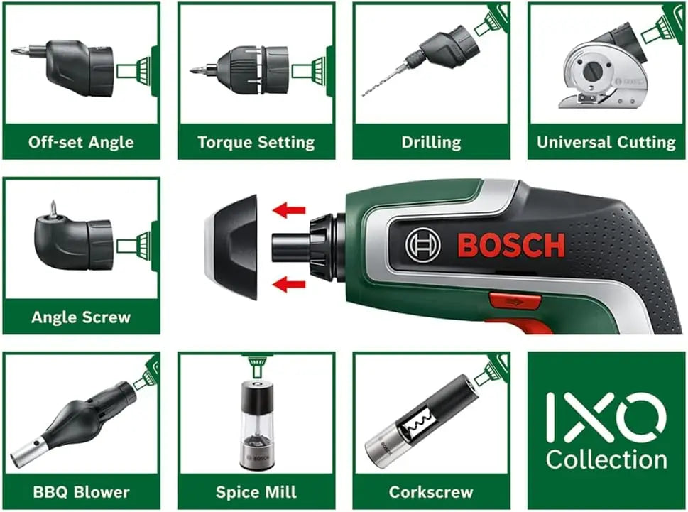 Bosch screwdriver attachments set detail in green and black