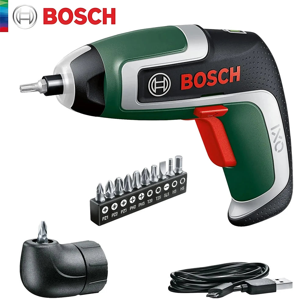 Bosch cordless screwdriver front view in green, black, red