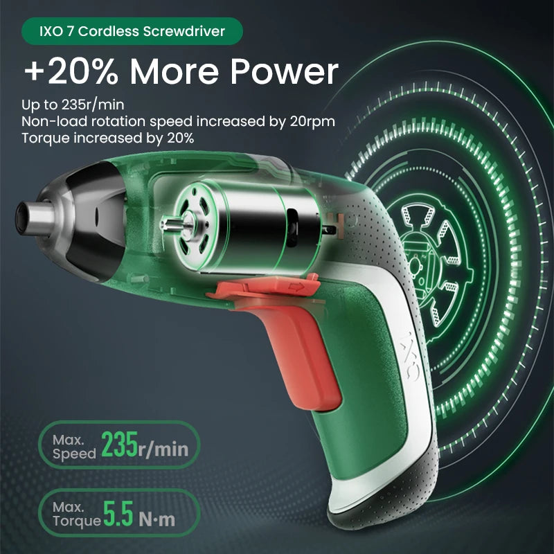 Bosch screwdriver detail close-up with specifications on a white background