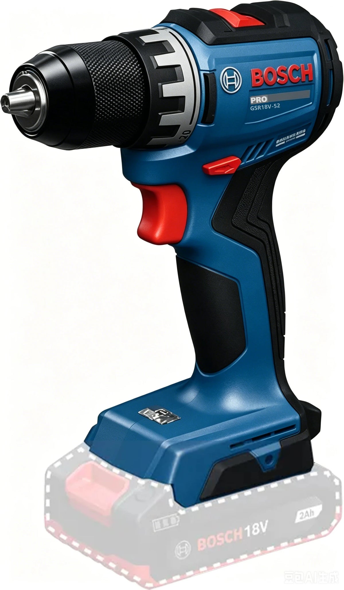 Bosch GSR18V-52 detail close-up of metal chuck on drill, blue-black-red