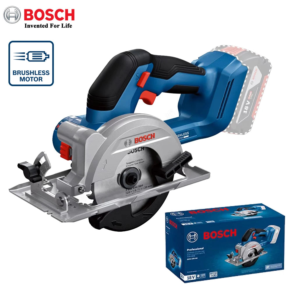 Bosch GKS18V-44 packaging view, blue and black cordless circular saw