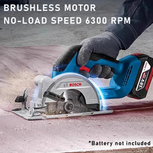 Bosch GKS18V-44 brushless motor detail, ergonomic handle and blue body