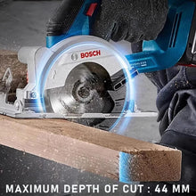 Bosch GKS18V-44 cut depth 44mm detail, cordless circular saw on display