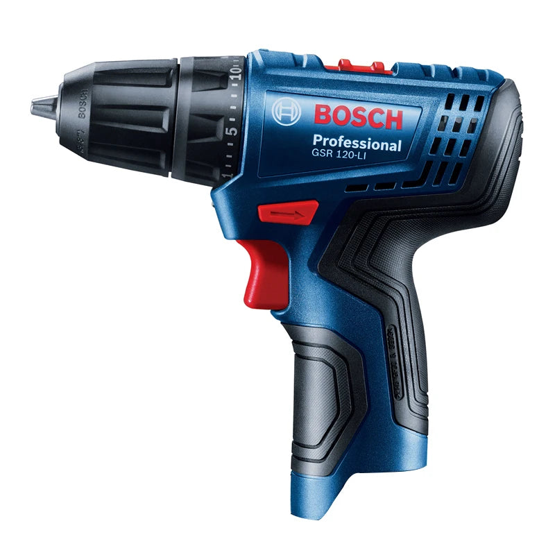 Bosch GSR 120-LI front view showing ergonomic grip and LED light