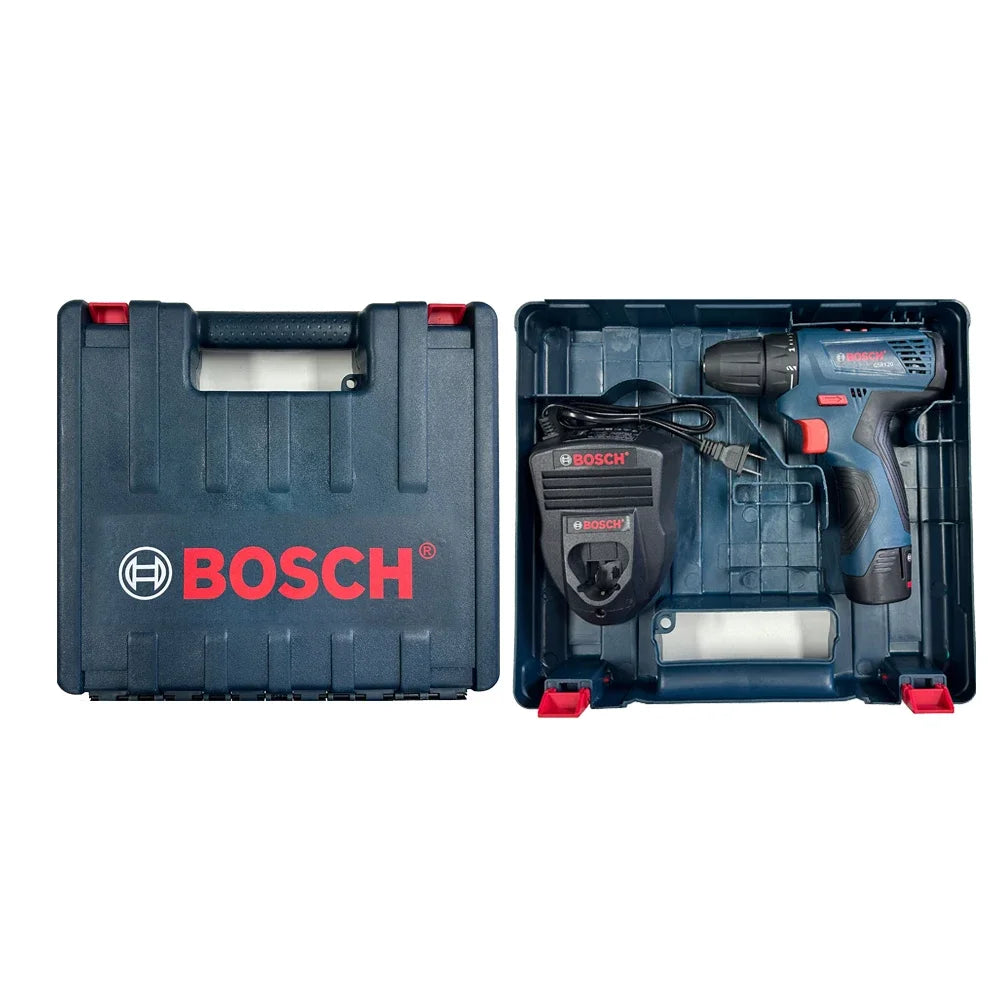 Bosch drill kit box with logo, blue red and black packaging on white