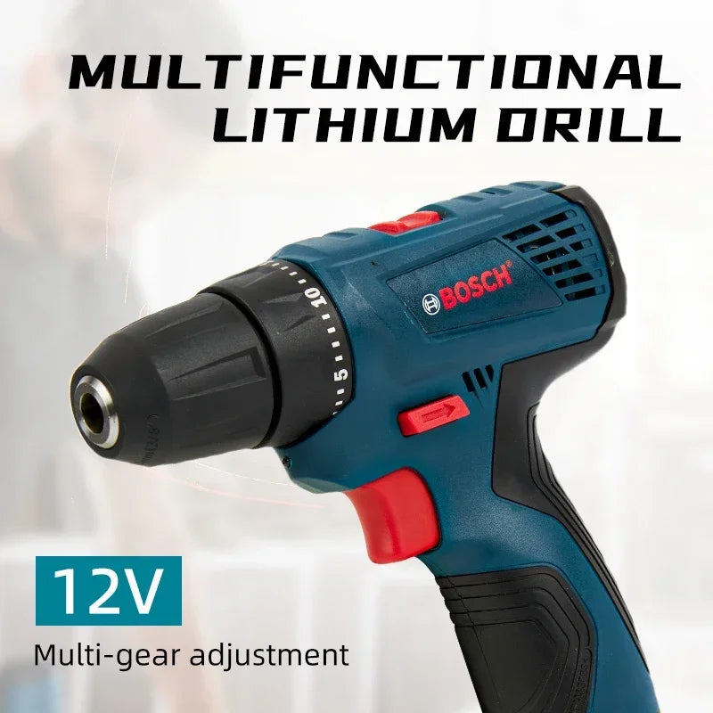 Bosch 12V cordless drill detail close-up, blue and black on white