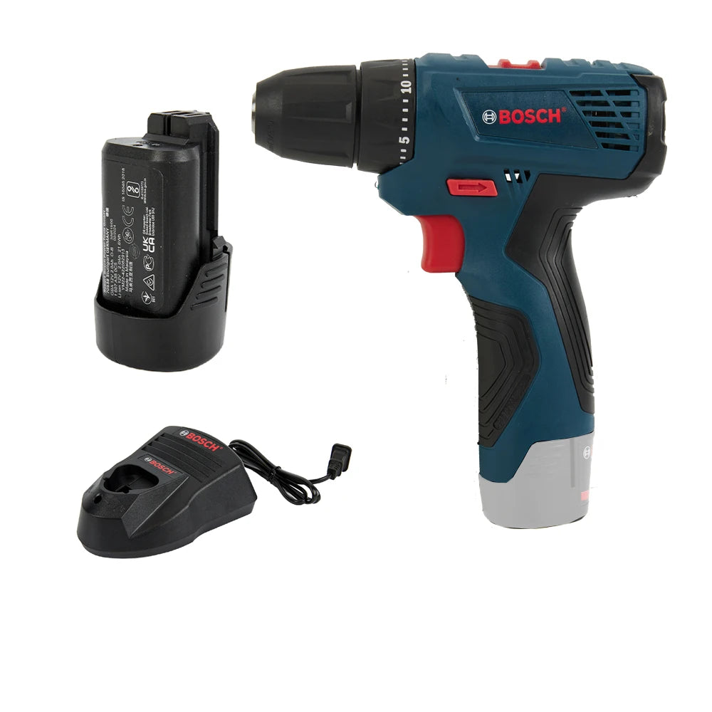 Bosch cordless drill front view, battery included and ergonomic handle