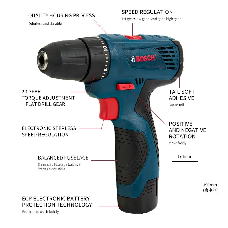 Bosch cordless drill close-up with LED light, blue and red on white