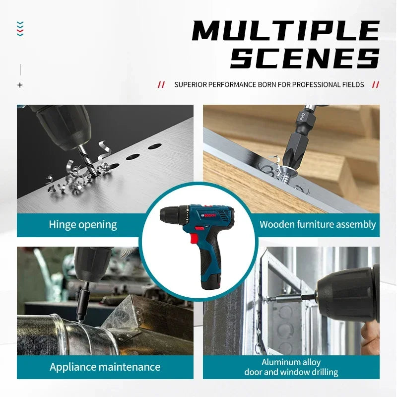 Bosch cordless drill in multiple scenes, blue and black with white background