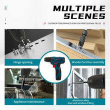 Bosch cordless drill in multiple scenes, blue and black with white background