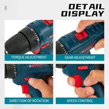 Bosch drill detail close-up, trigger and ergonomic grip in blue and red
