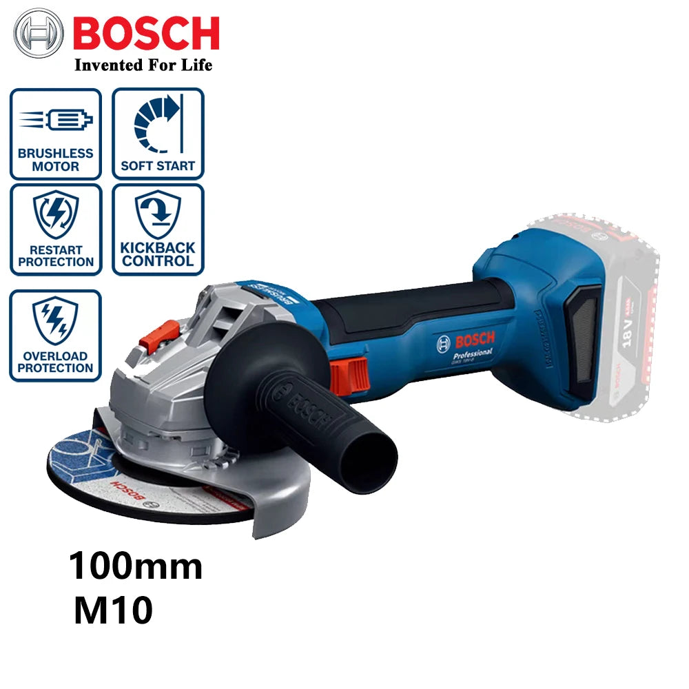 Bosch angle grinder front view, blue-gray-red with 100mm M10 disc