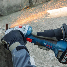 Bosch angle grinder detail close-up, compact cordless design in blue and black