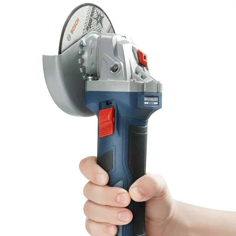 Bosch angle grinder in use with gloves, 100mm disc, blue and black
