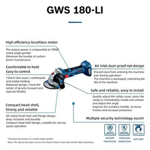 Bosch angle grinder ergonomic design detail, brushless motor in blue and black