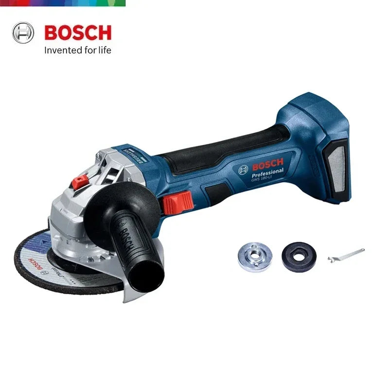 Bosch angle grinder front view, cutting disc and ergonomic handle in blue